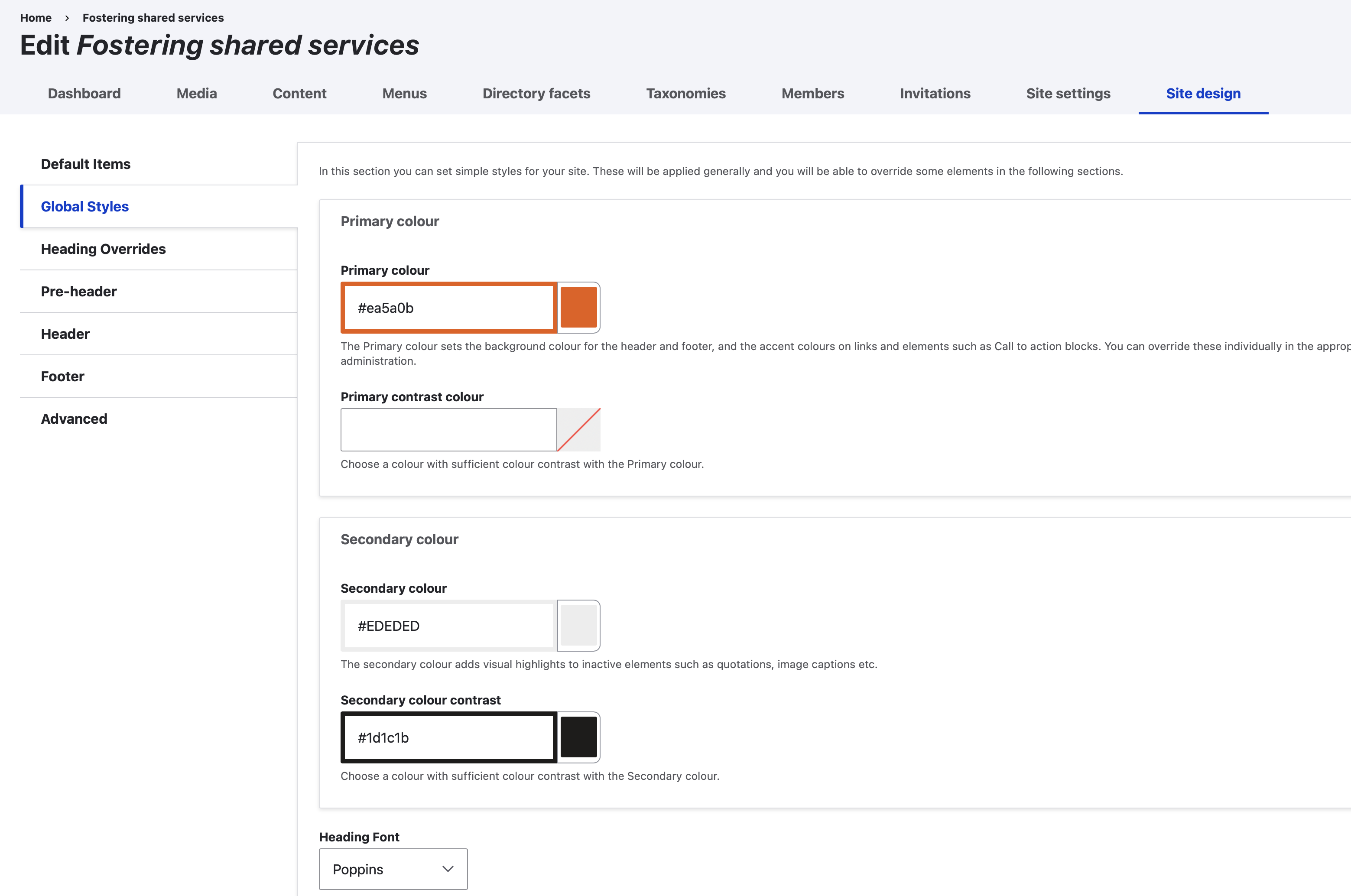 A screenshot of the site design settings page, showing orange as a primary colour and the option to set an accessible contrast color